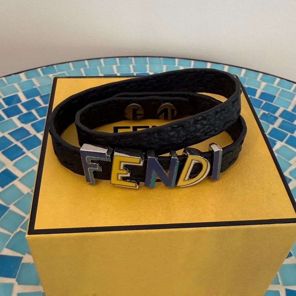 New Fendi Black Leather Logo Wrap Bracelet